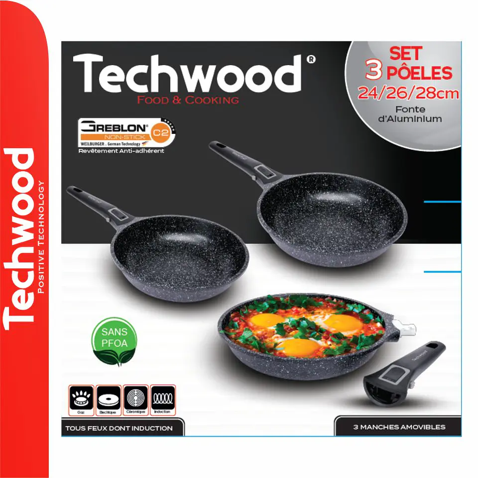 Conjunto 3 Frigideiras Antiaderentes Ø24/Ø26/Ø28cm TECHWOOD 1