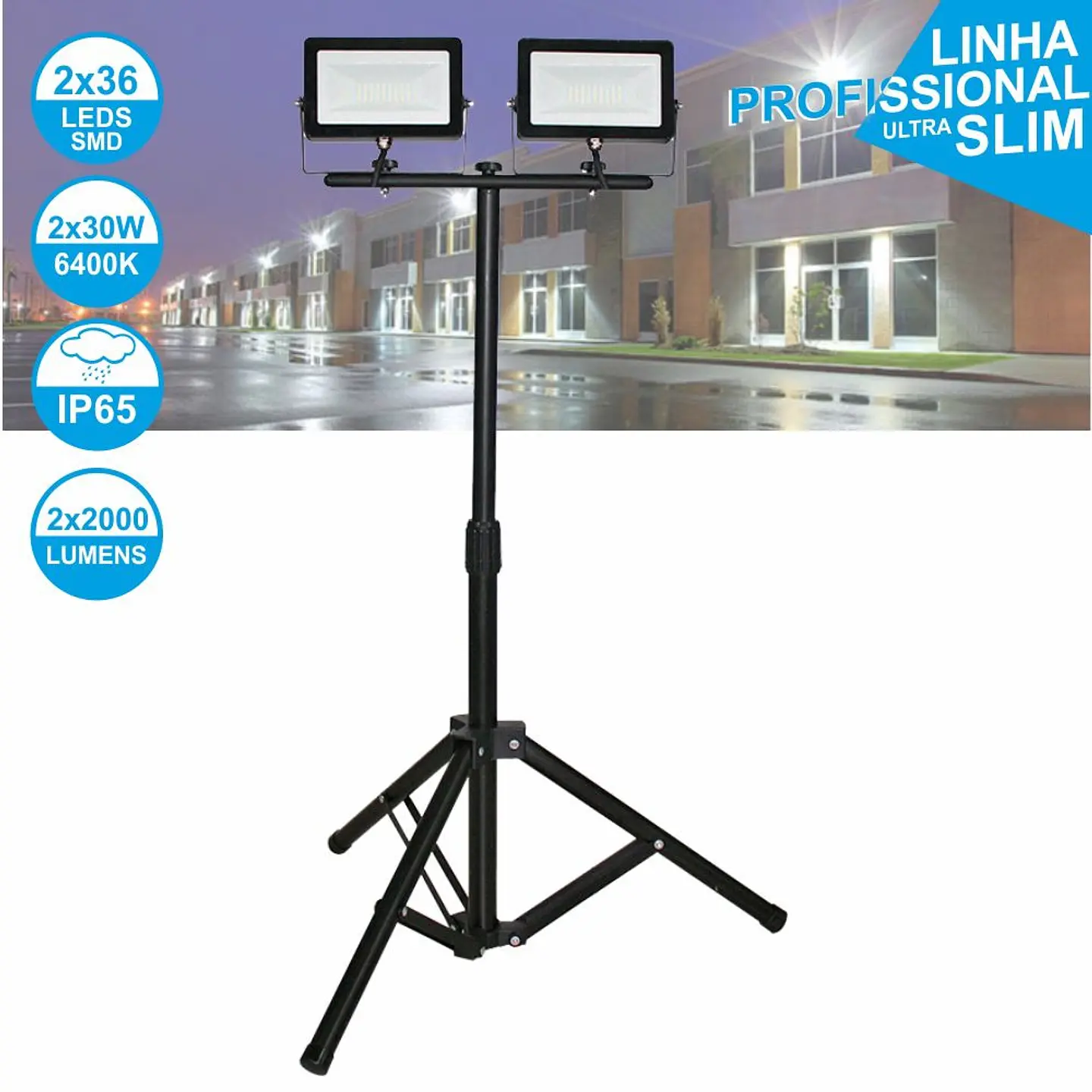 FOCOS LED 2X30W 230V BRANCO FRIO 4000LM C/ TRIPÉ 1