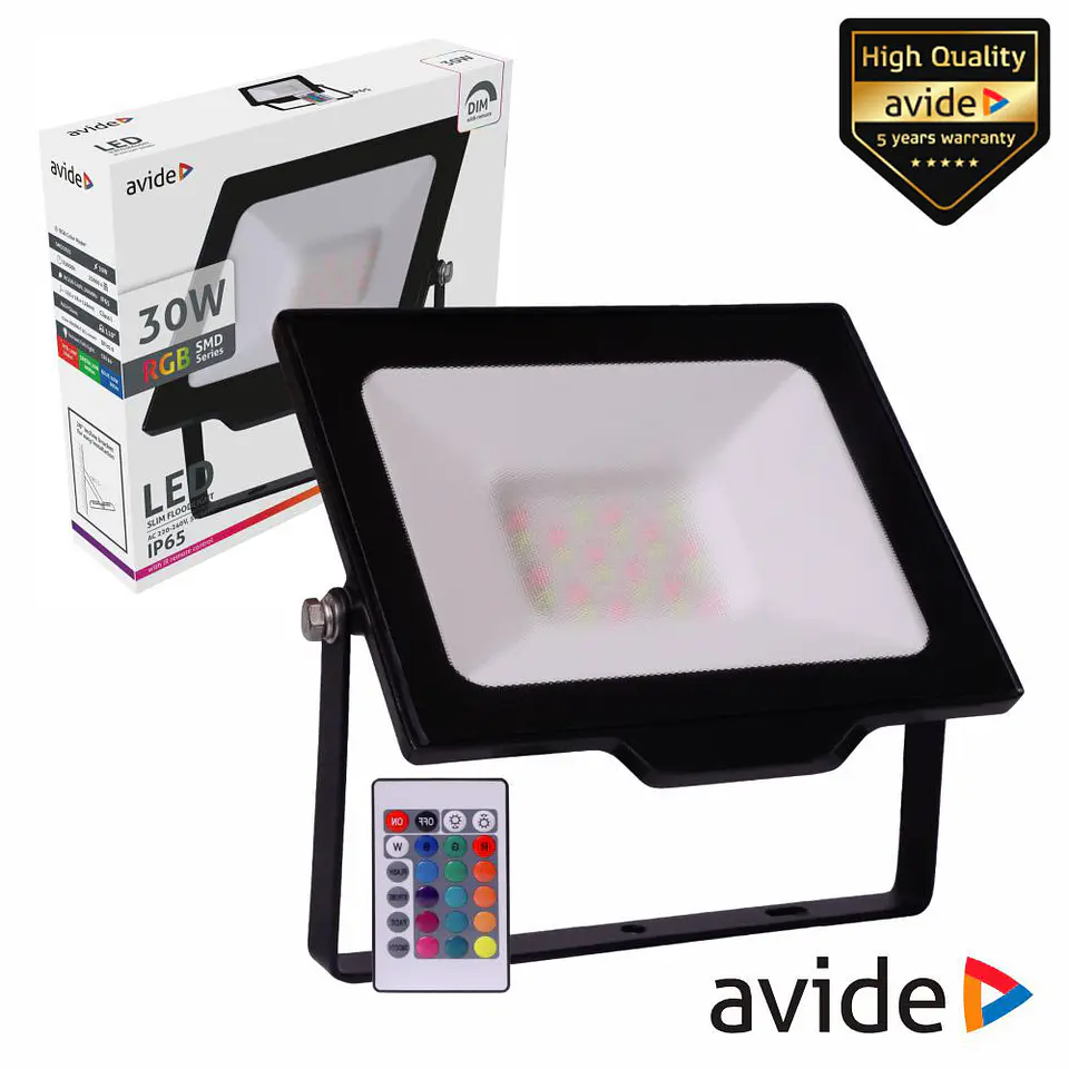 Foco LED 30W 230V RGB 1160lm IP65 C/ Comando AVIDE 1