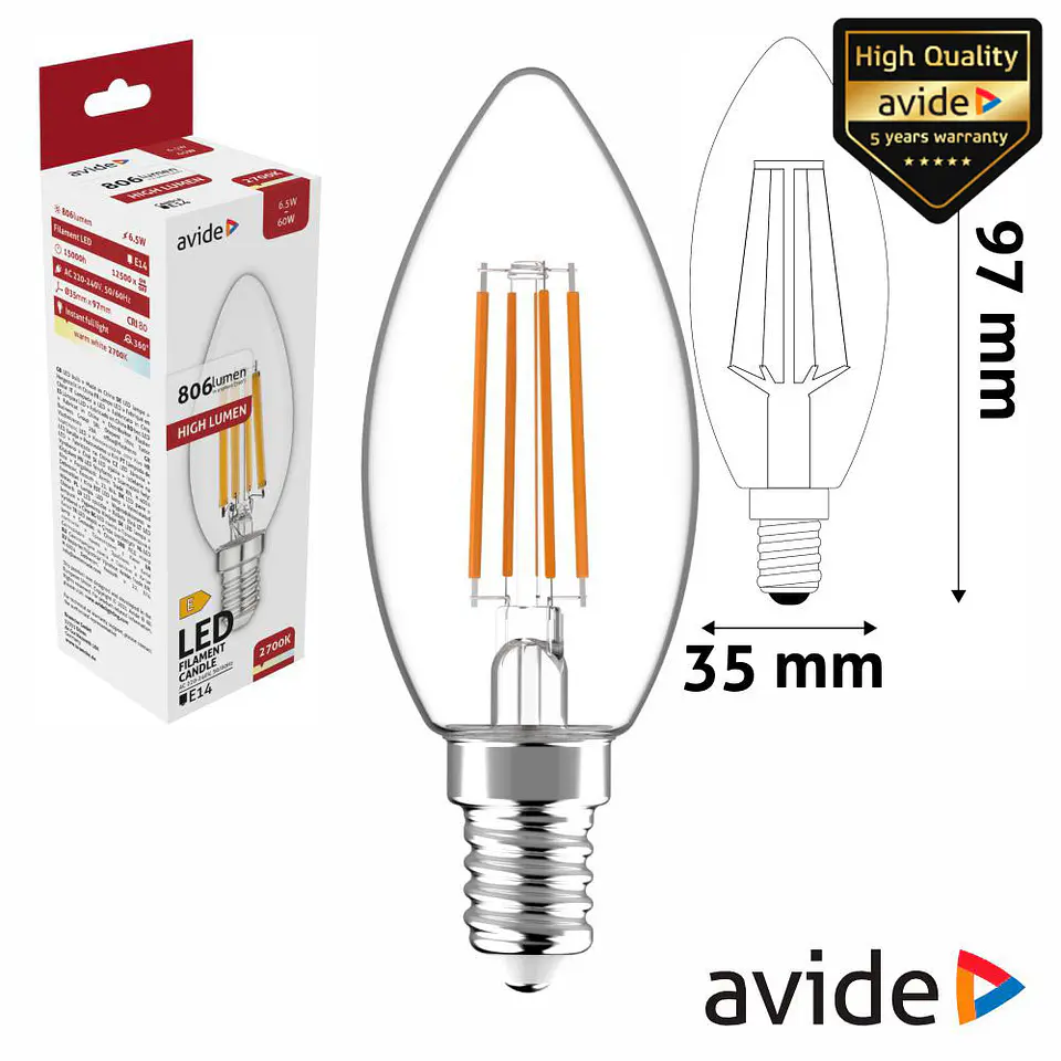 Lâmpada LED E14 Vela Filamento 6.5W 230V 3000K 806lm AVIDE 1