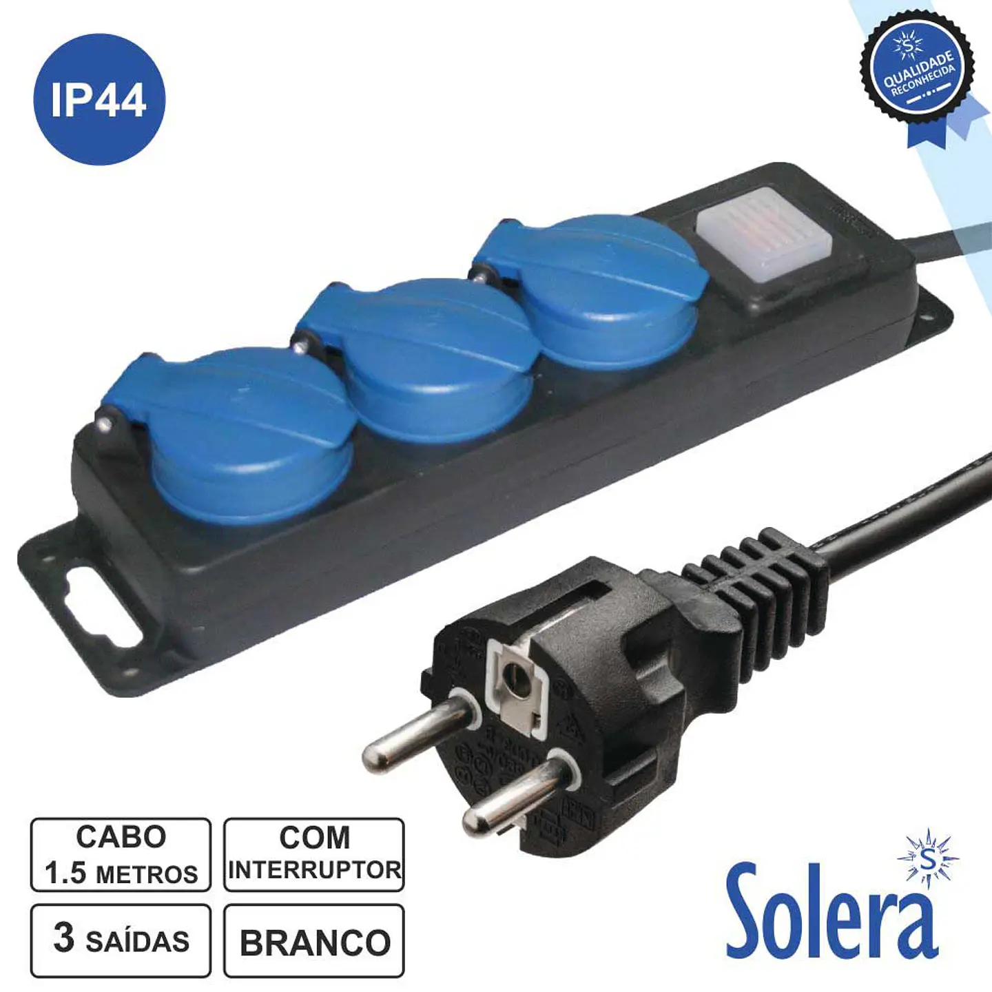 TOMADA ELÉTRICA C/ 3 SAÍDAS INTERRUPTOR E TAMPAS 1.5M SOLERA 1