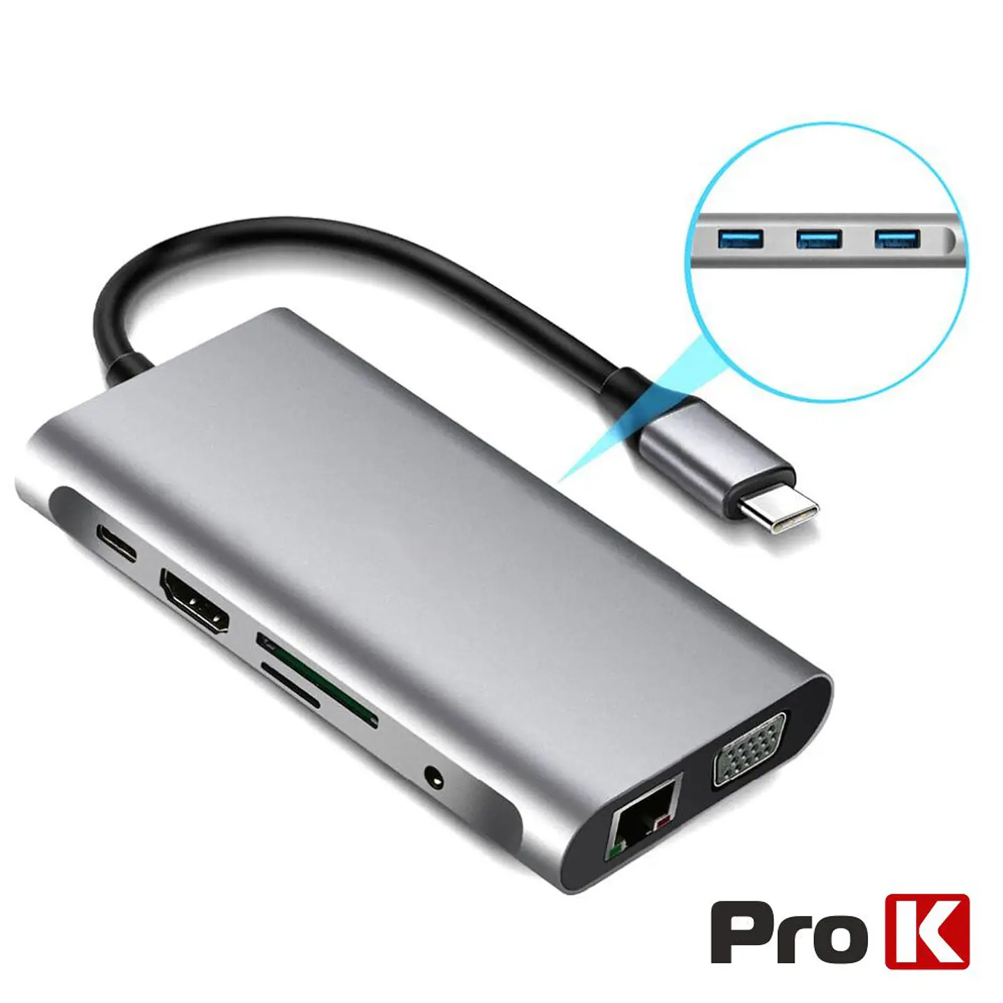 Hub USB-C P/ USB-C/ 3xUSB / VGA / HDMI / Audio/ RJ45/Cartões 1