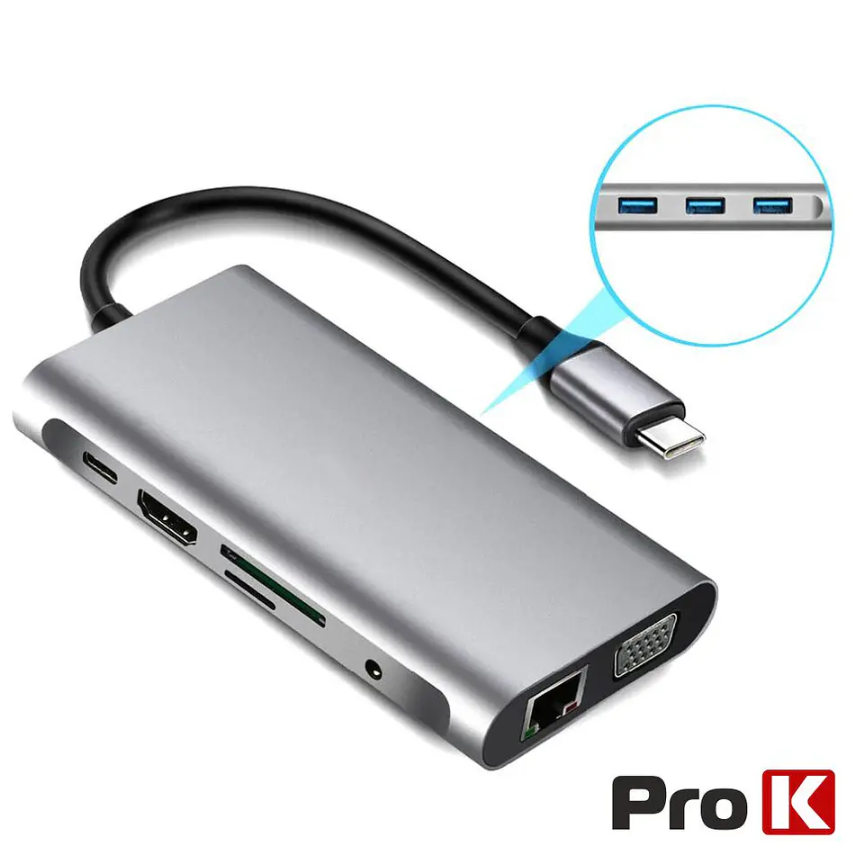 Hub USB-C P/ USB-C/ 3xUSB / VGA / HDMI / Audio/ RJ45/Cartões 1
