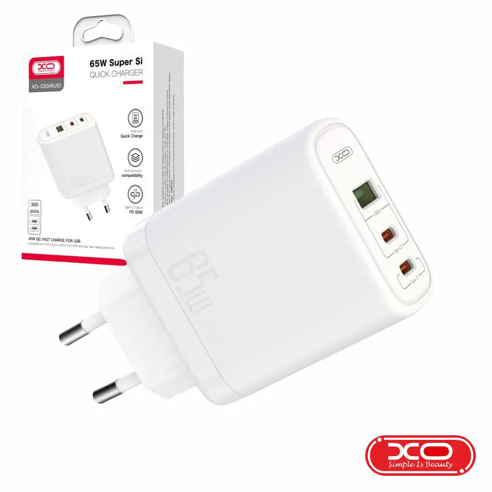 Alimentador USB-A 45W 3A / 2 USB-C PD 65W 3A Branco XO 1