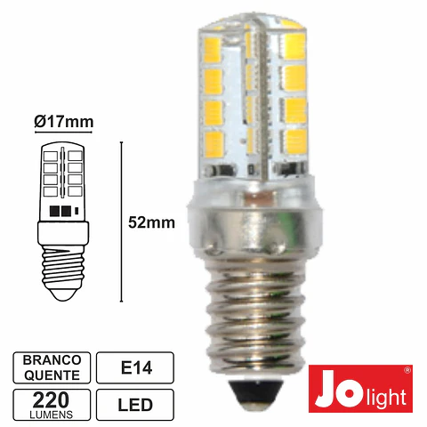 LÂMPADA E14 3W=25W 24V (20-30V) 32 LEDS BRANCO QUENTE 220 LM