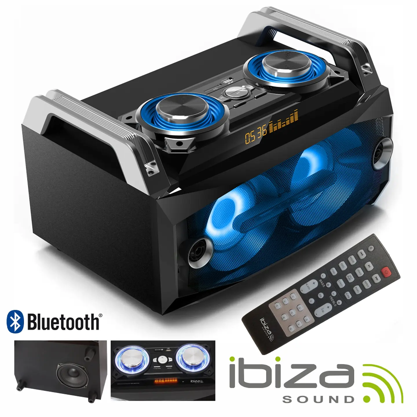 SISTEMA SOM PORTÁTIL 120Wmáx USB/BT/FM/REC LEDS IBIZA 1
