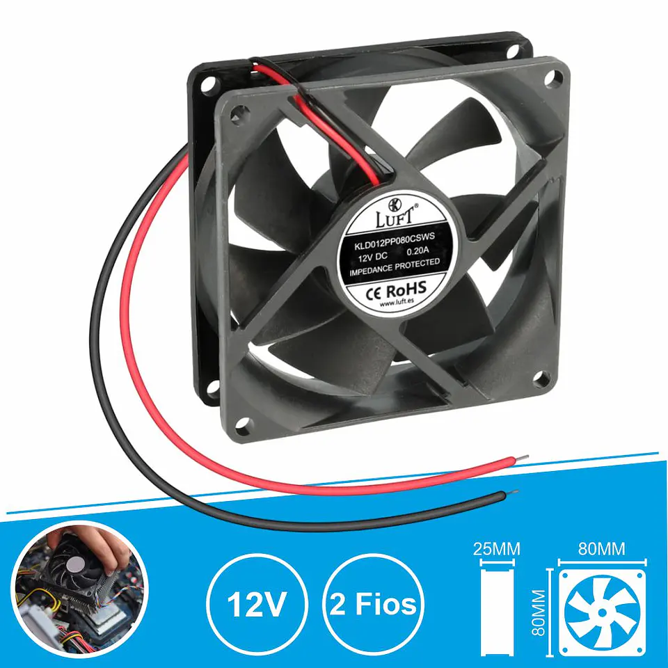 Ventoinha 12V 80x80x25mm 2 Fios KLD012PP080CSWS LUFT 1