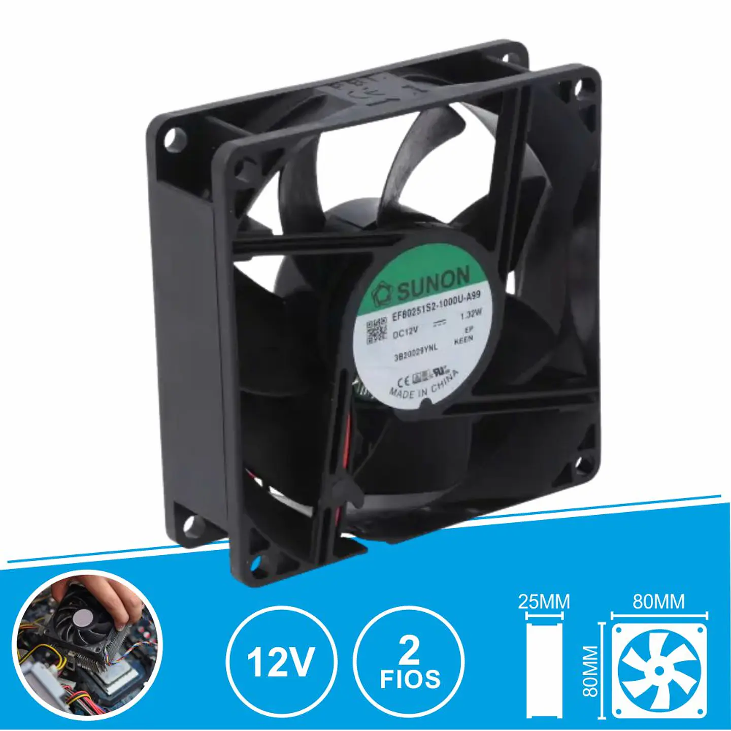 Ventoinha 12VDC 80x80x25mm 2 Fios EF80251S2-1000U-A99 SUNON 1