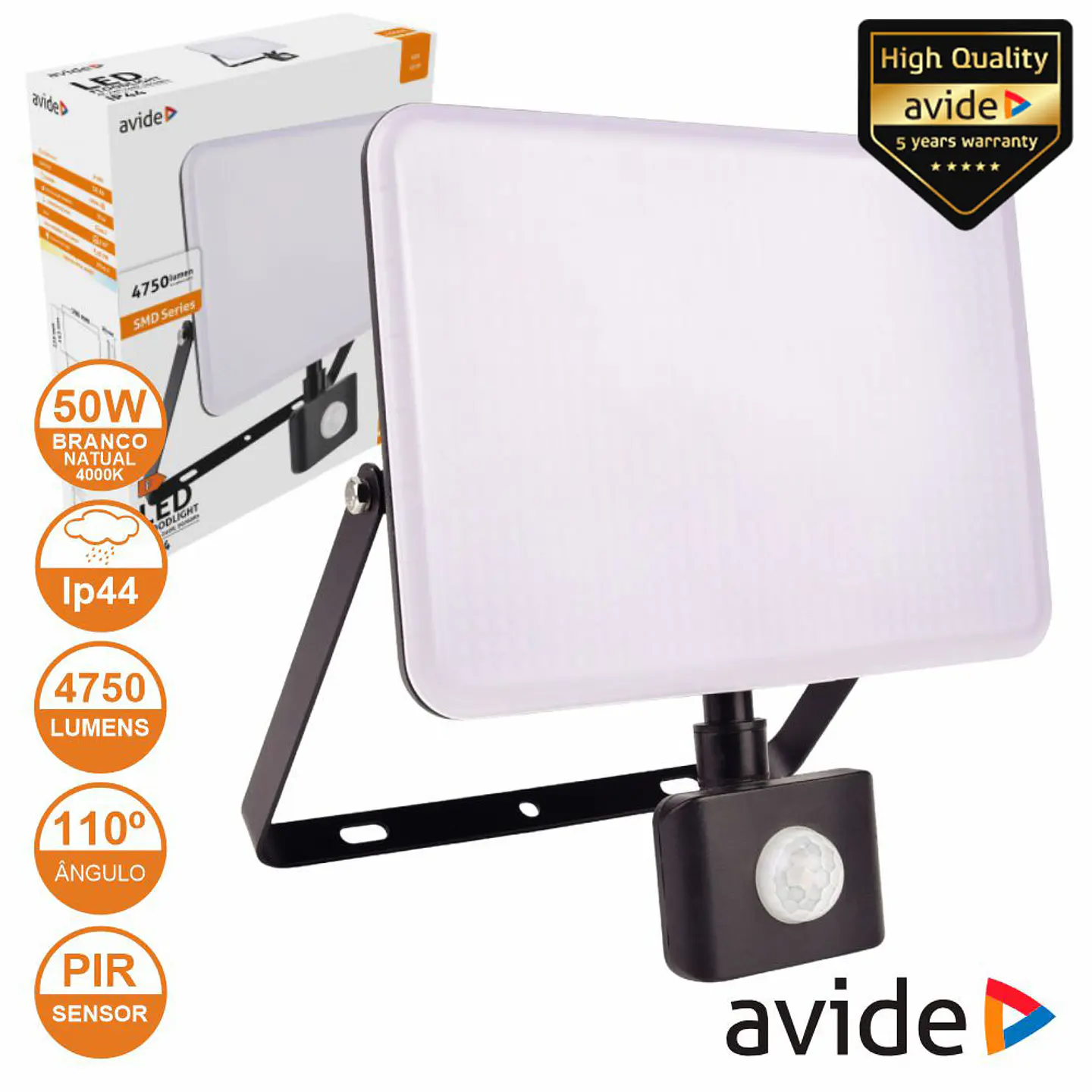 Foco LED 50W 230V C/ Sensor 4000K 4750lm Preto IP44 AVIDE 1
