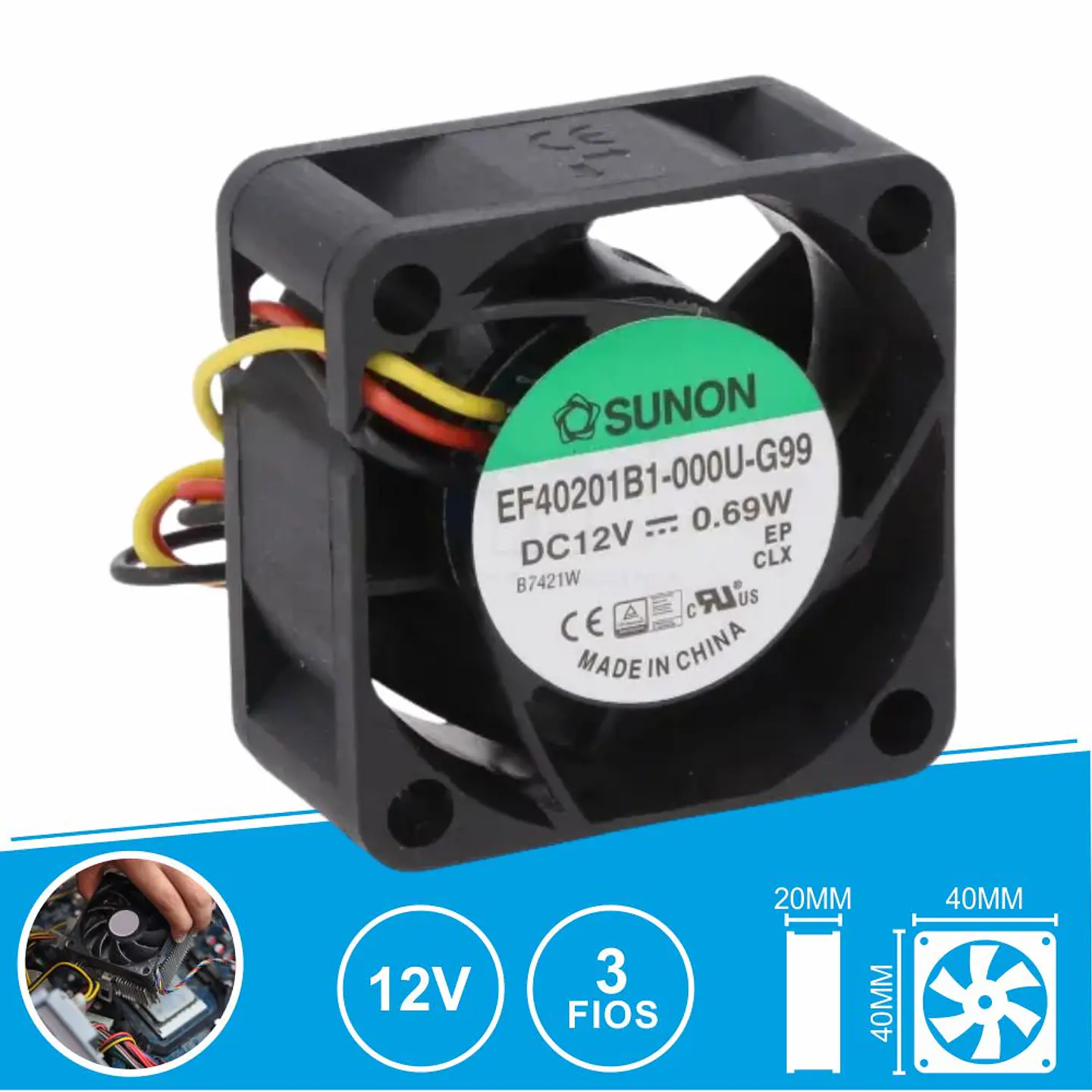 Ventoinha 12VDC 40x40x20mm 3 Fios EF40201B1-000U-G99 SUNON 1