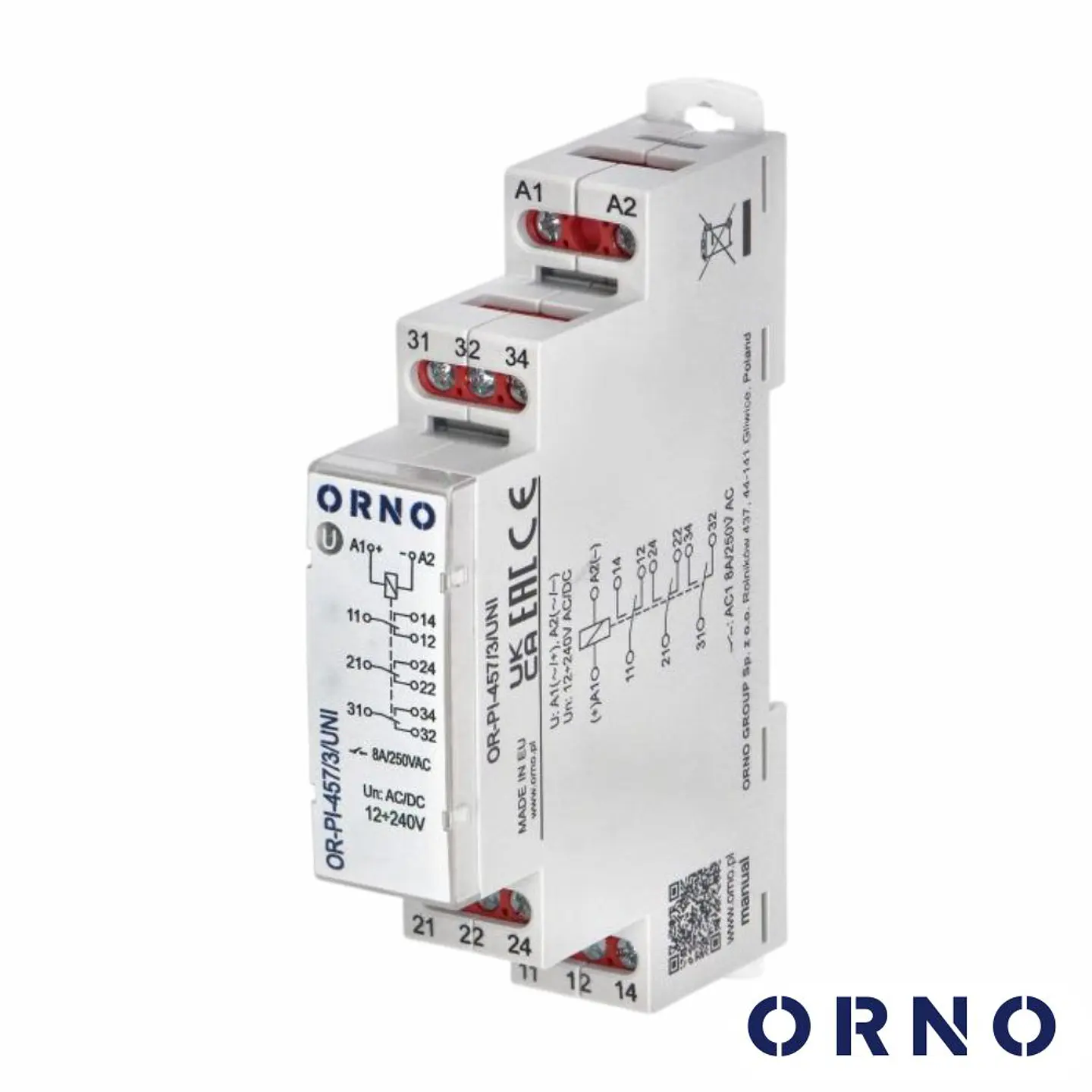 Contator Energia Monofásico 12-230V 8A DIN ORNO 1