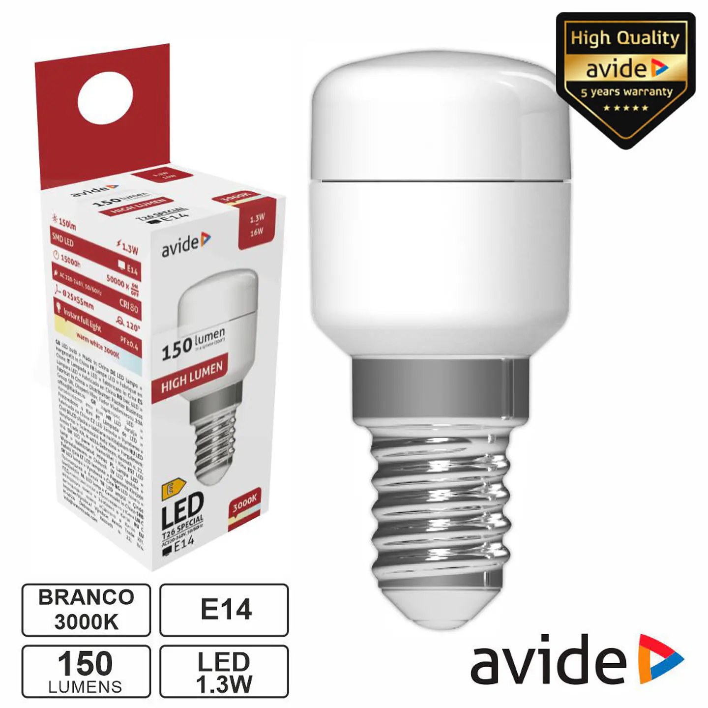 Lâmpada LED E14 Stick T26 1.3W 230V 3000K 150lm AVIDE 1