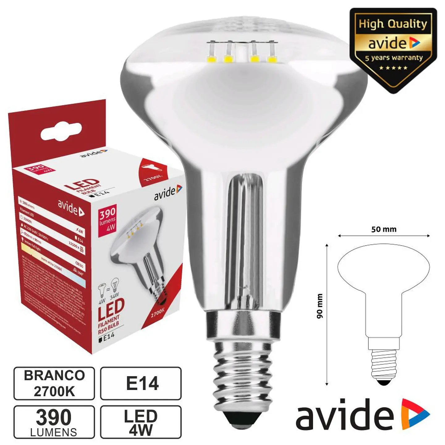 LÂMPADA LED E14 R50 FILAMENTO 4W 230V 2700K 390LM AVIDE 1