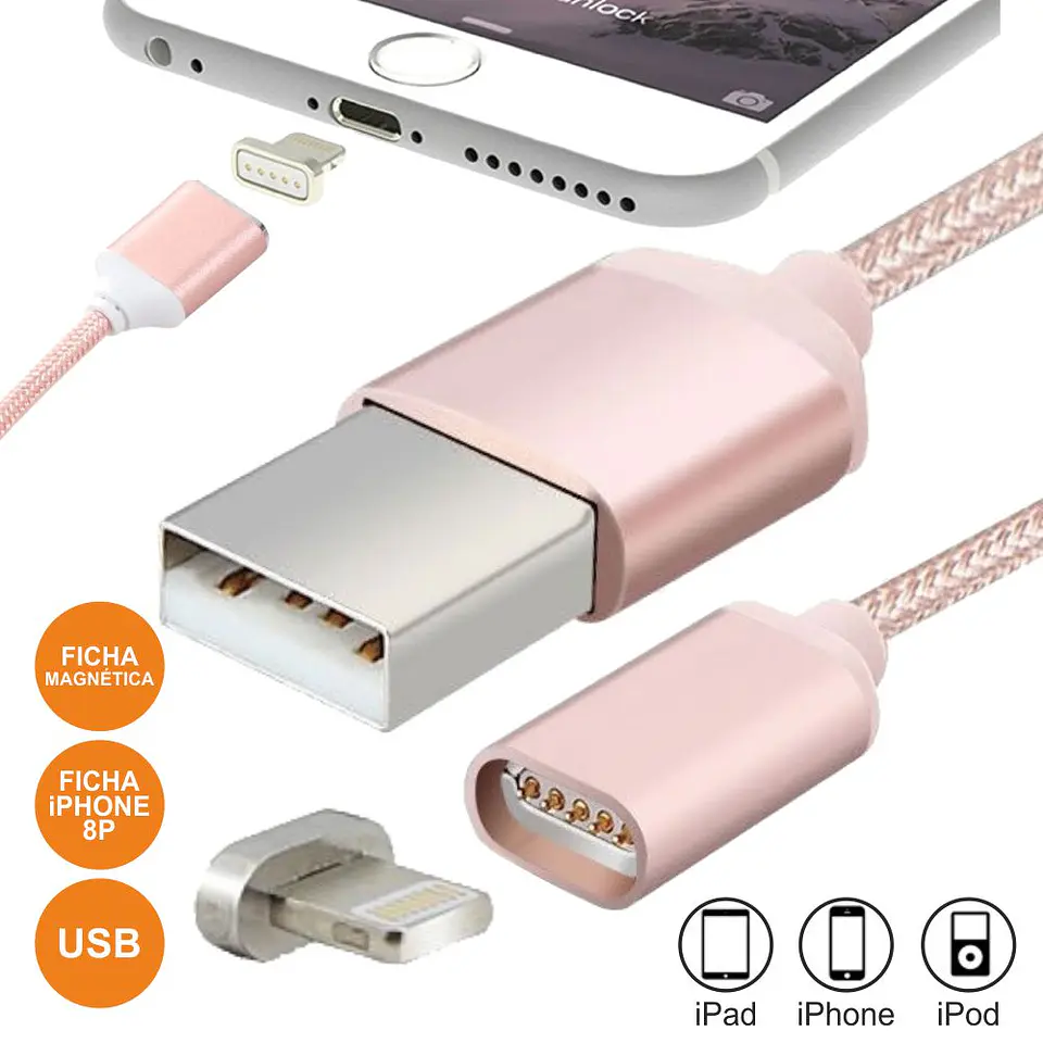 CABO USB-A 2.0 MACHO / IPHONE 5/6 MAGNÉTICO ROSA 1