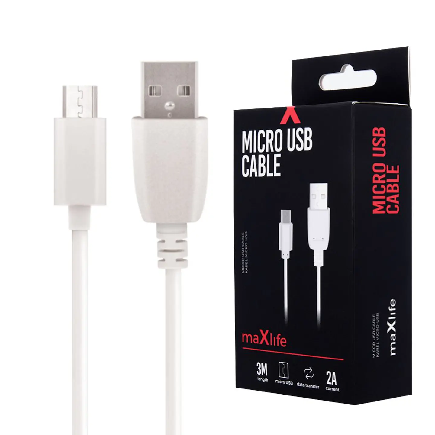 Cabo USB-A 2.0 2A Macho / Micro USB-B Branco 3m 1