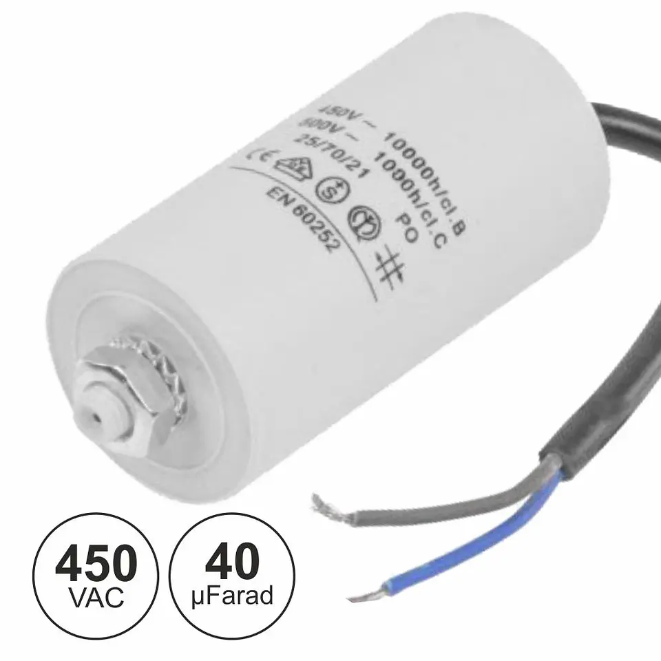 CONDENSADOR ARRANQUE 40uF 450V + TERRA C/ FIOS 1