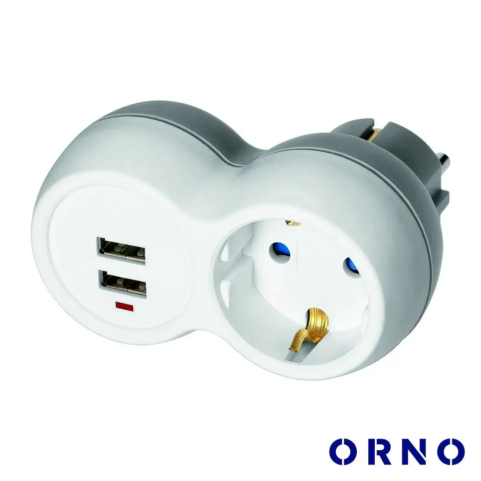 Ficha Elétrica Adaptadora 1x Schuko 2x USB-A ORNO 1