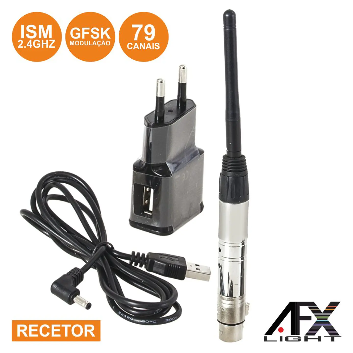 RECETOR DMX S/ FIOS 2.4GHZ 79 CANAIS XLR GFSK AFXLIGHT 1