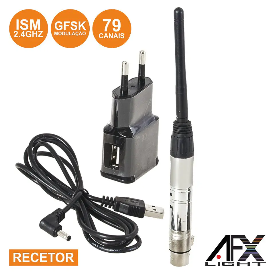 RECETOR DMX S/ FIOS 2.4GHZ 79 CANAIS XLR GFSK AFXLIGHT 1