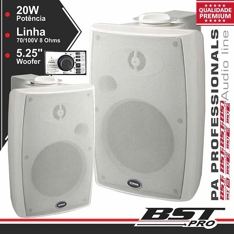 CONJUNTO 2 COLUNAS 8 OHM 100V 30W 5.25" BRANCAS BSTPRO