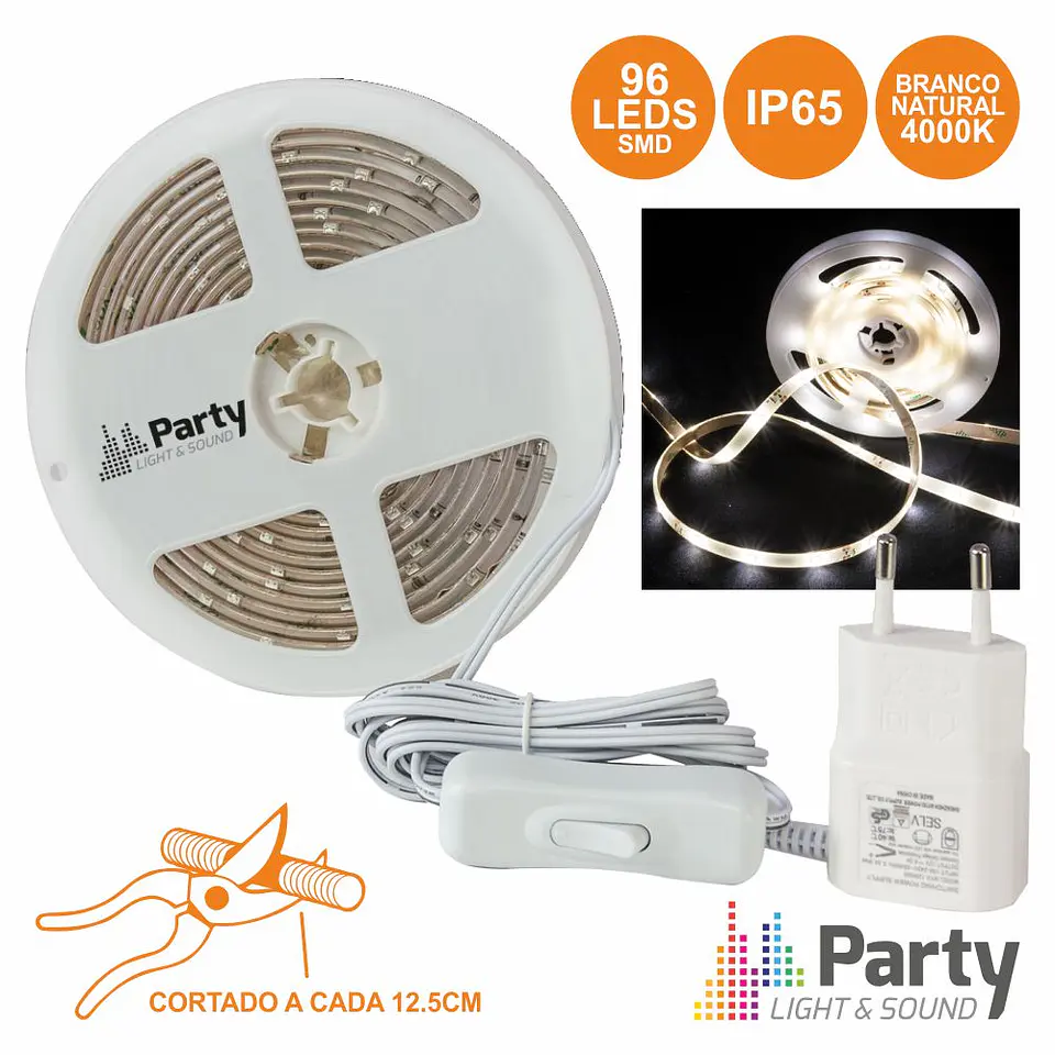 FITA 96 LEDS 3528 BRANCO NATURAL E ALIMENTADOR 3M PARTY 1
