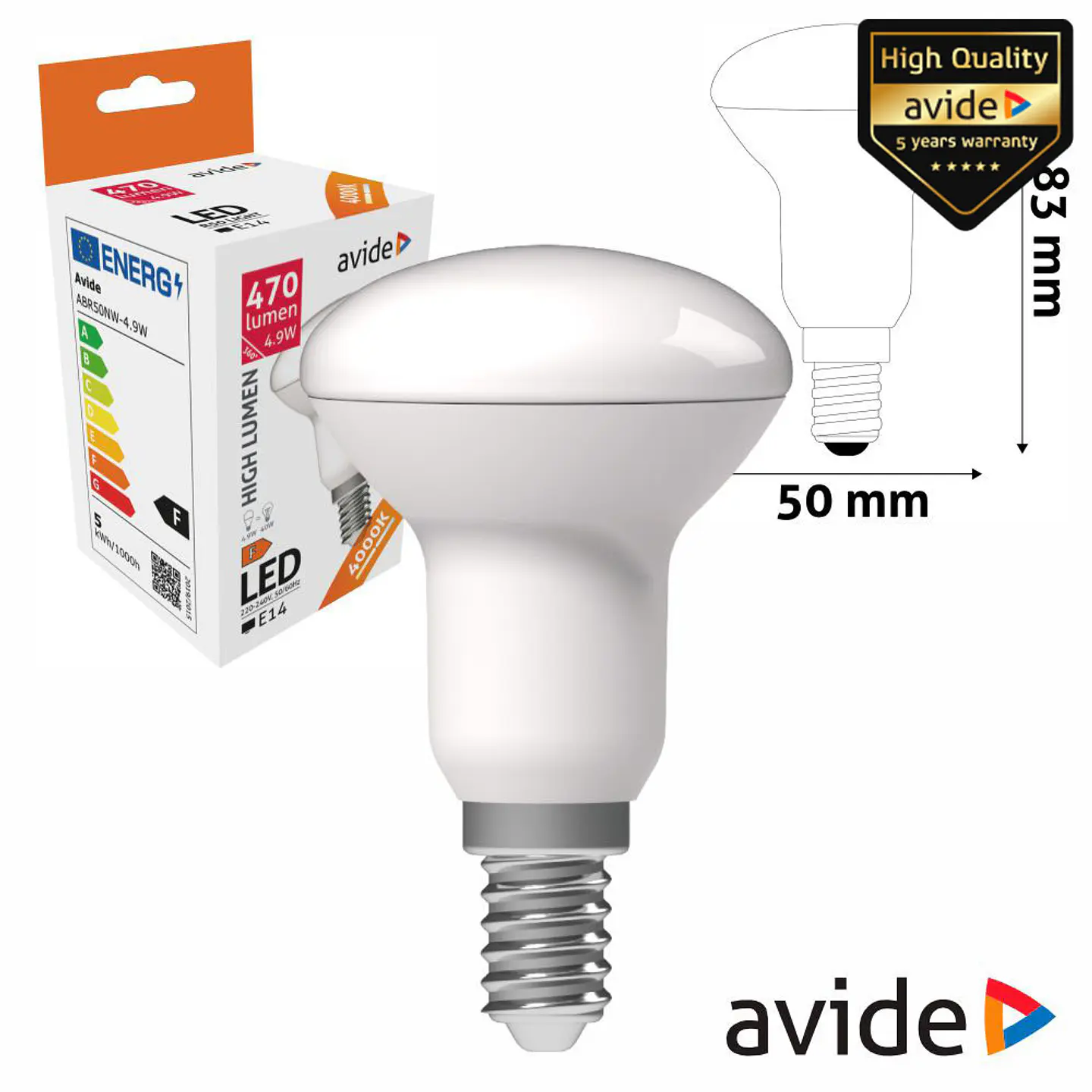 Lâmpada LED E14 R50 4.9W 230V 4000k 470lm AVIDE 1