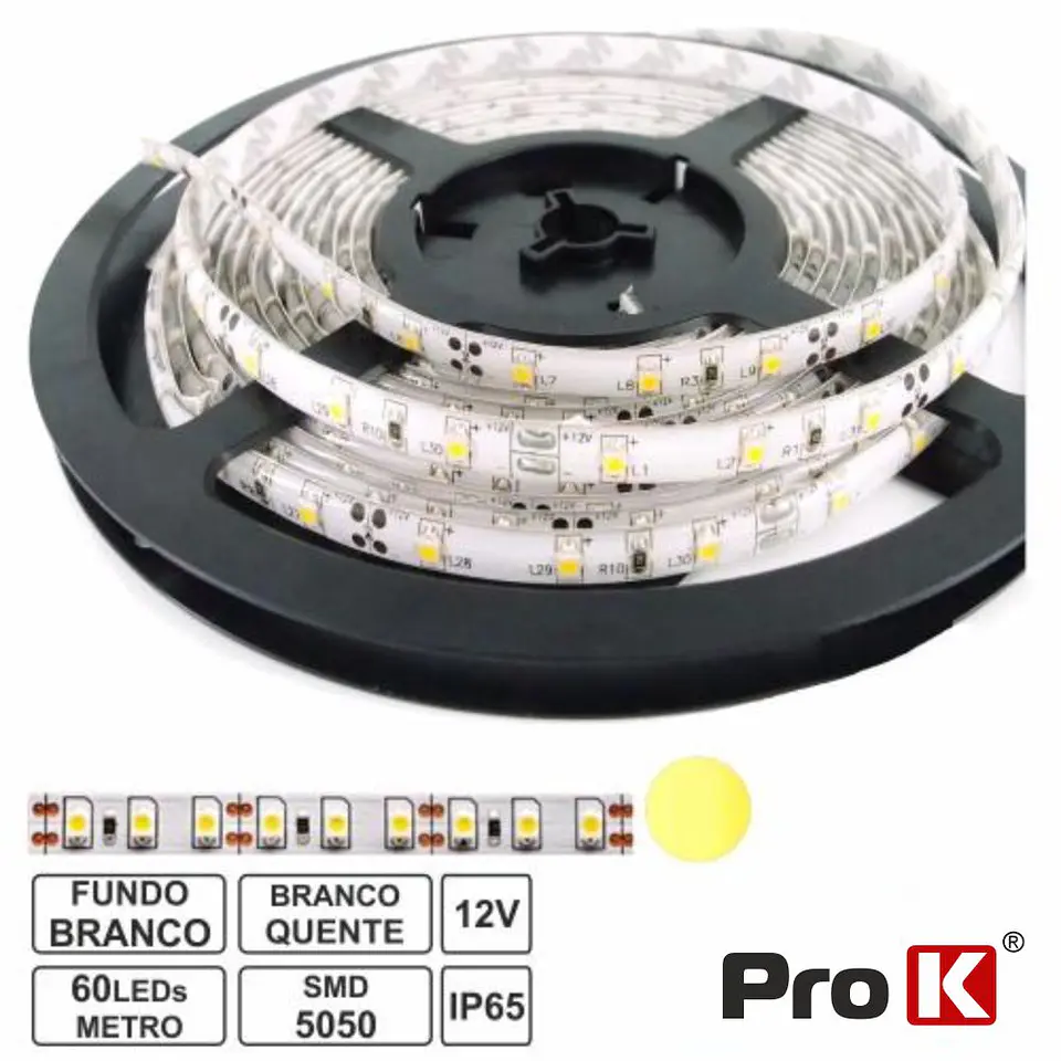FITA 300 LEDS 5050 IMPERMEÁVEL BRANCO QUENTE 12V 5M PROK 1