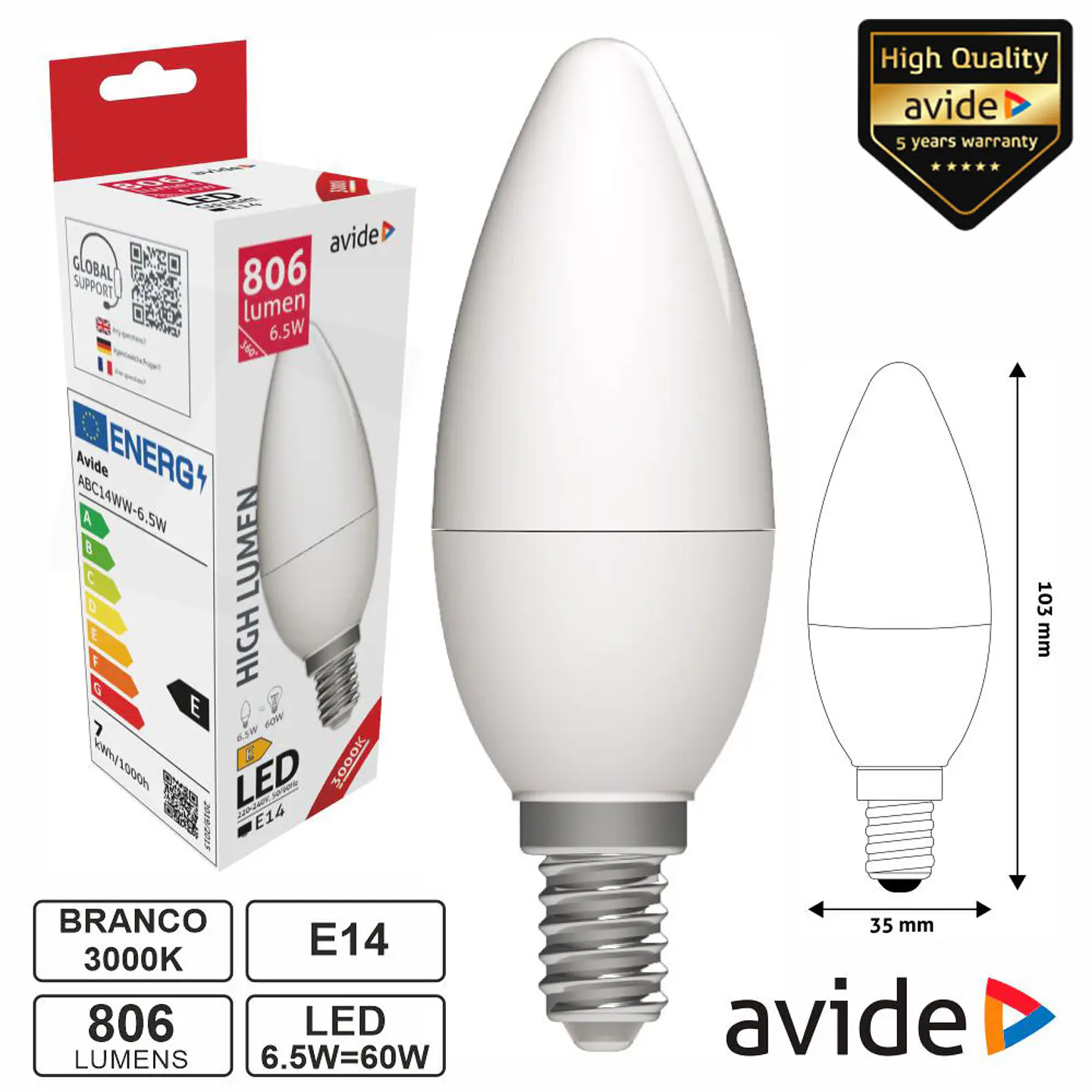 Lâmpada LED E14 Vela 6.5W 230V 3000K 806lm AVIDE 1