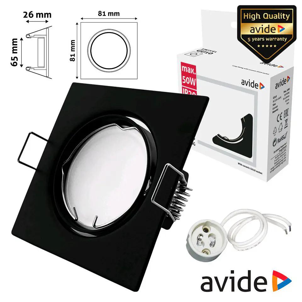 ARO QUADRADO AJUSTÁVEL PRETO P/ MR16-GU10 AVIDE 1