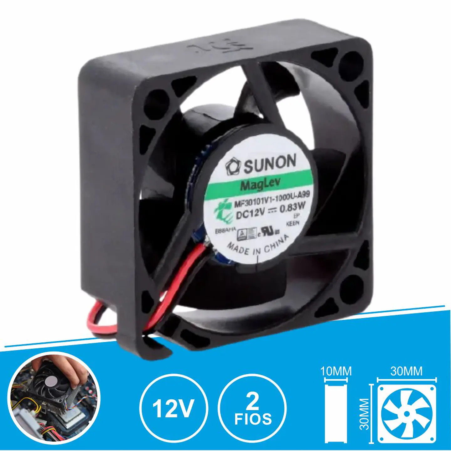 Ventoinha 12VDC 30x30x10mm 2 Fios MF30101V1-1000U-A99 SUNON 1