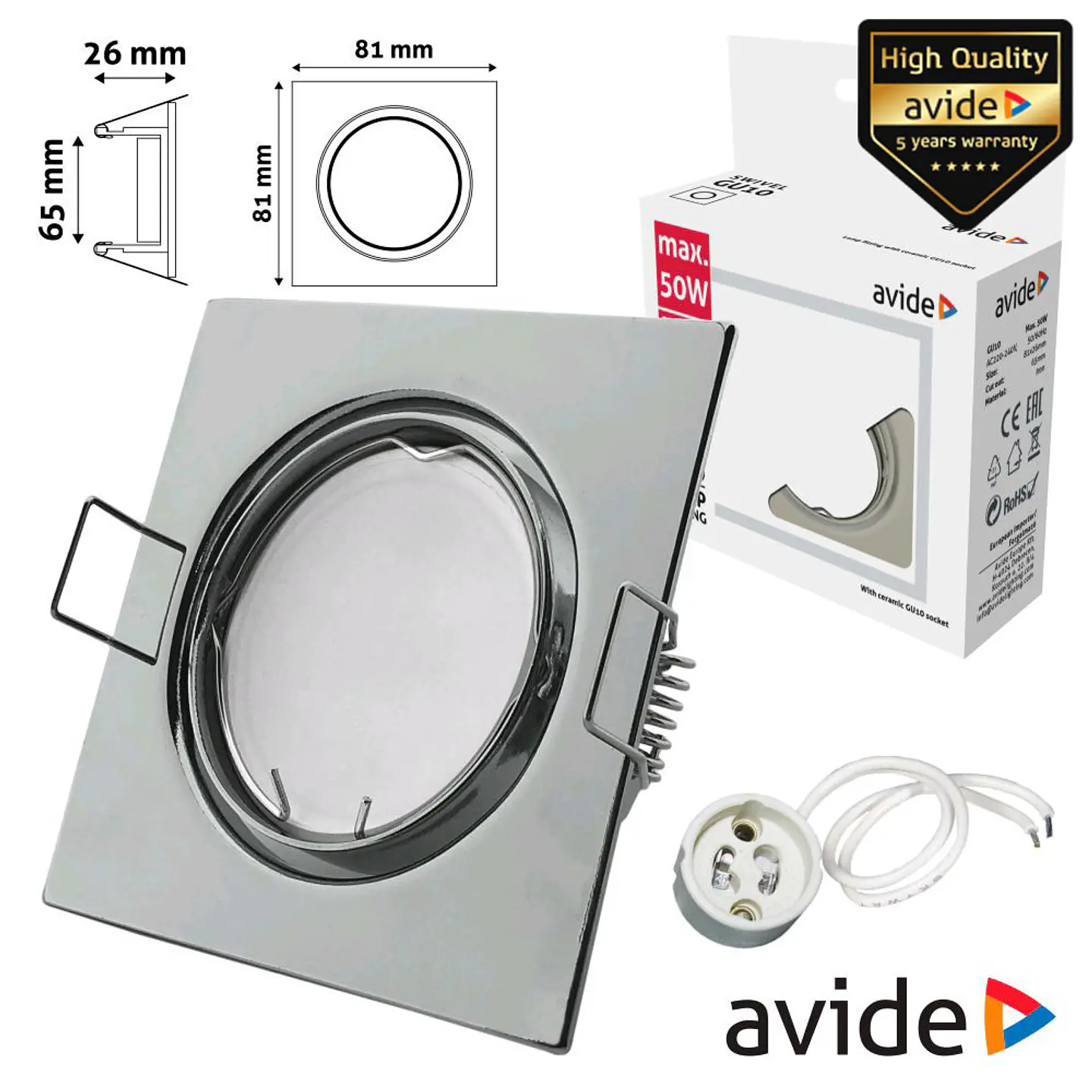ARO QUADRADO AJUSTÁVEL CROMADO P/ MR16-GU10 AVIDE 1