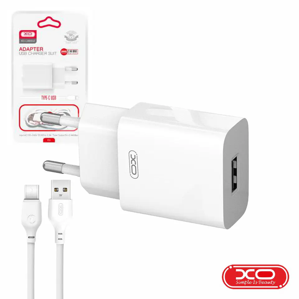 Alimentador USB-A 2.4A Branco + Cabo USB-A P/ USB-C XO 1