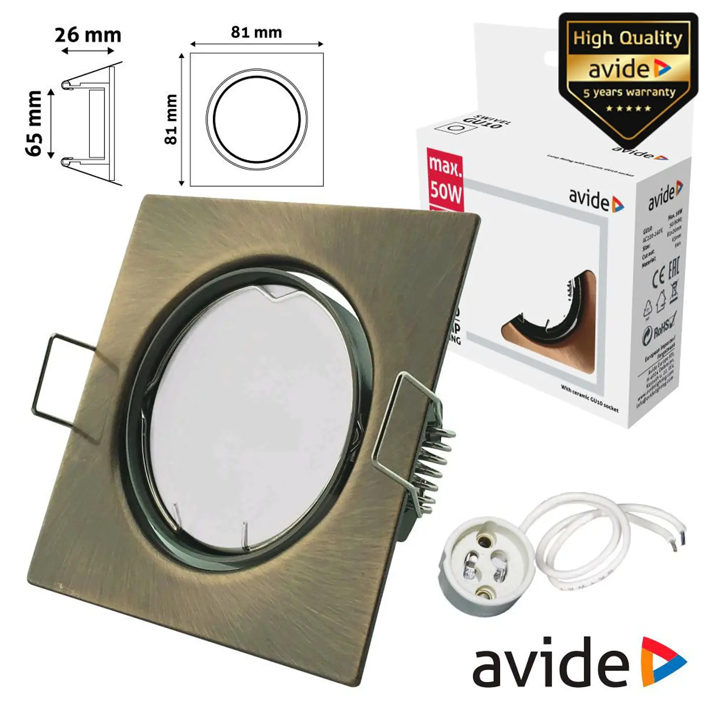 ARO QUADRADO AJUSTÁVEL COBRE P/ MR16-GU10 AVIDE 1