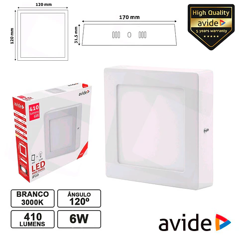 PAINEL LEDS QUADRADO SUPERFÍCIE 6W 120MM 3000K 410LM AVIDE