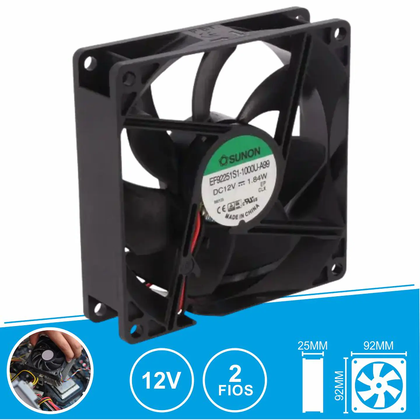 Ventoinha 12VDC 92x92x25mm 2 Fios EF92251S1-1000U-A99 SUNON 1