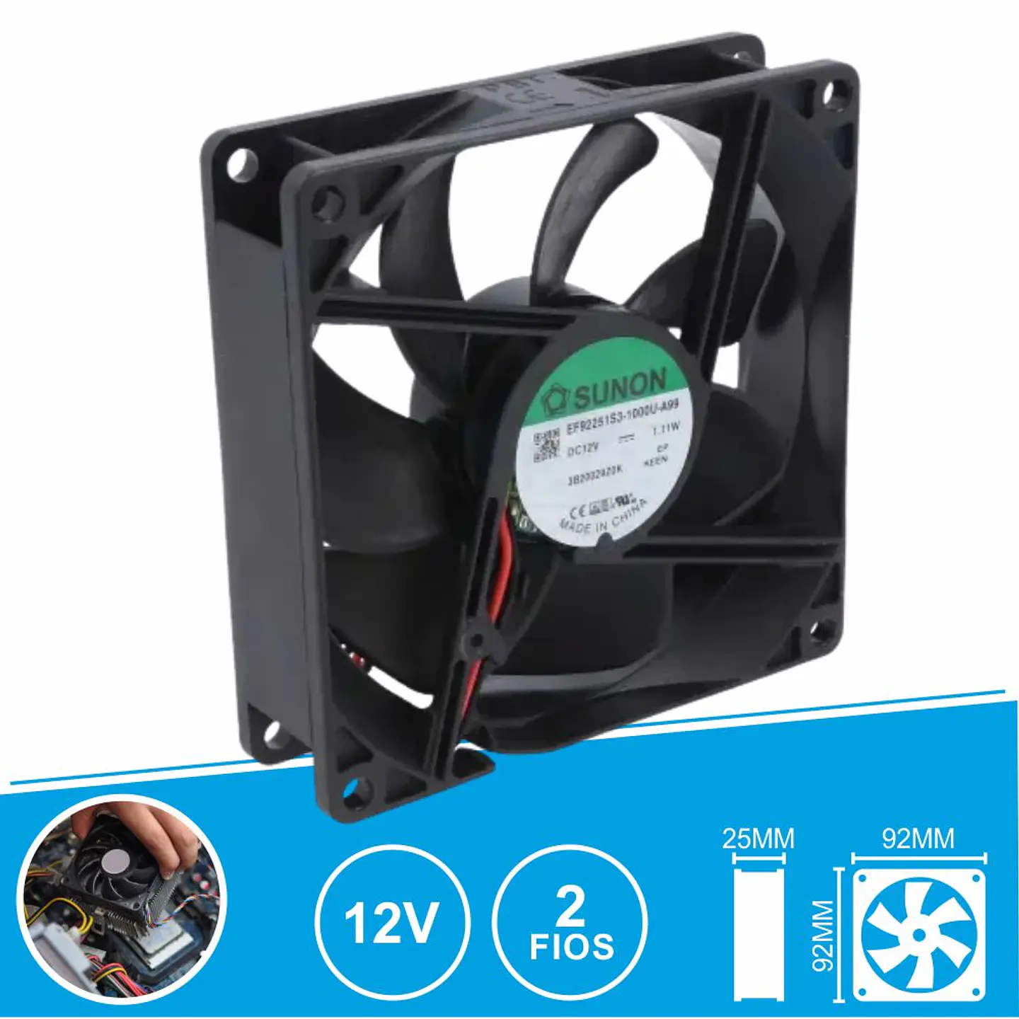 Ventoinha 12VDC 92x92x25mm 2 Fios EF92251S3-1000U-A99 SUNON 1
