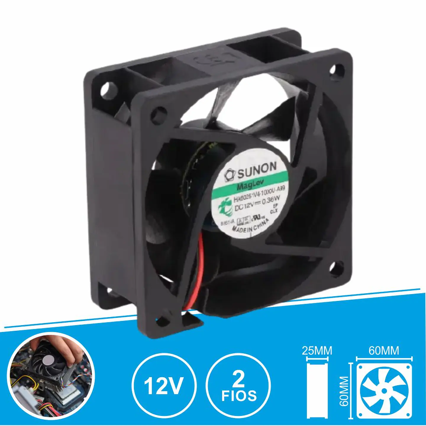 Ventoinha 12VDC 60x60x25mm 2 Fios HA60251V4-1000U-A99 SUNON 1