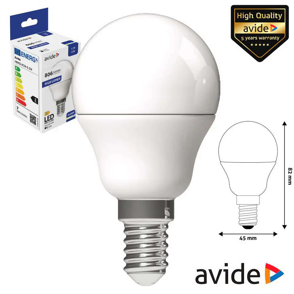 Lâmpada LED E14 Globo G45 6.5W 230V 6400K 806lm AVIDE 1
