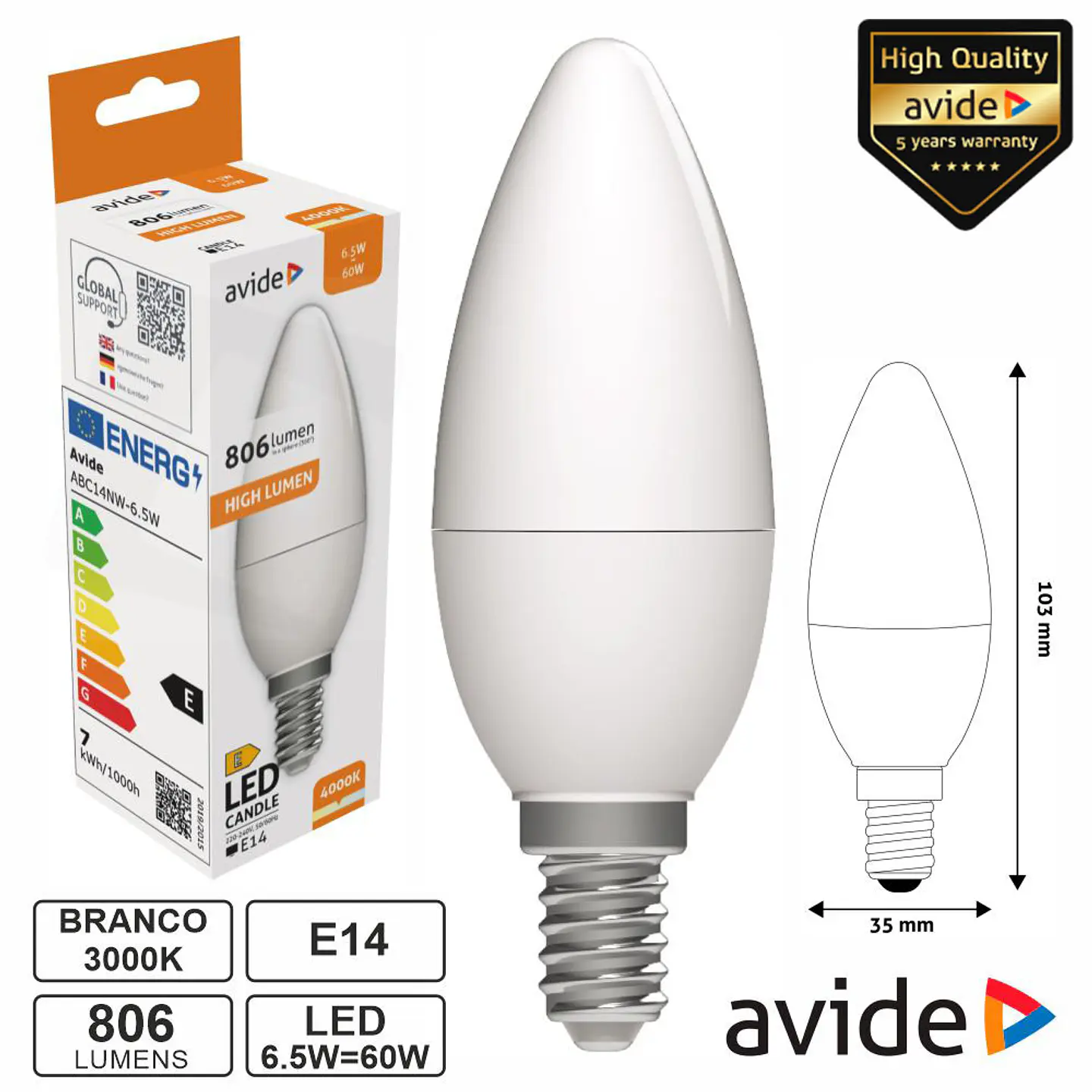 Lâmpada LED E14 Vela 6.5W 230V 4000K 806lm AVIDE 1