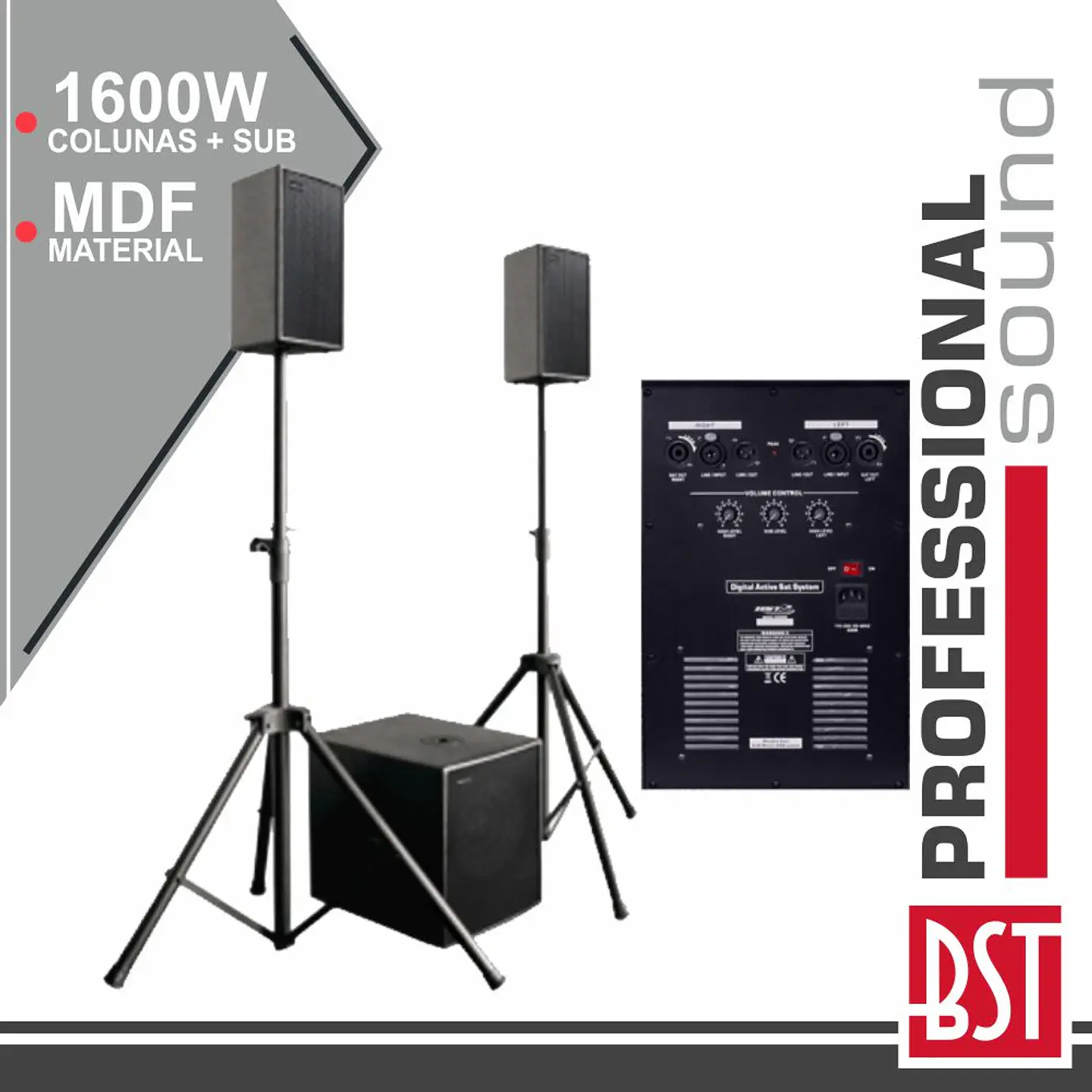 CONJUNTO SOM BI-AMPLIFICADO PRO 2.1 1600Wmáx MDF BST 1