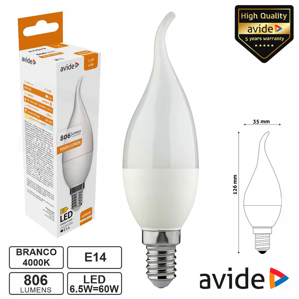 Lâmpada LED E14 Vela 6.5W 230V 4000K 806lm AVIDE 1