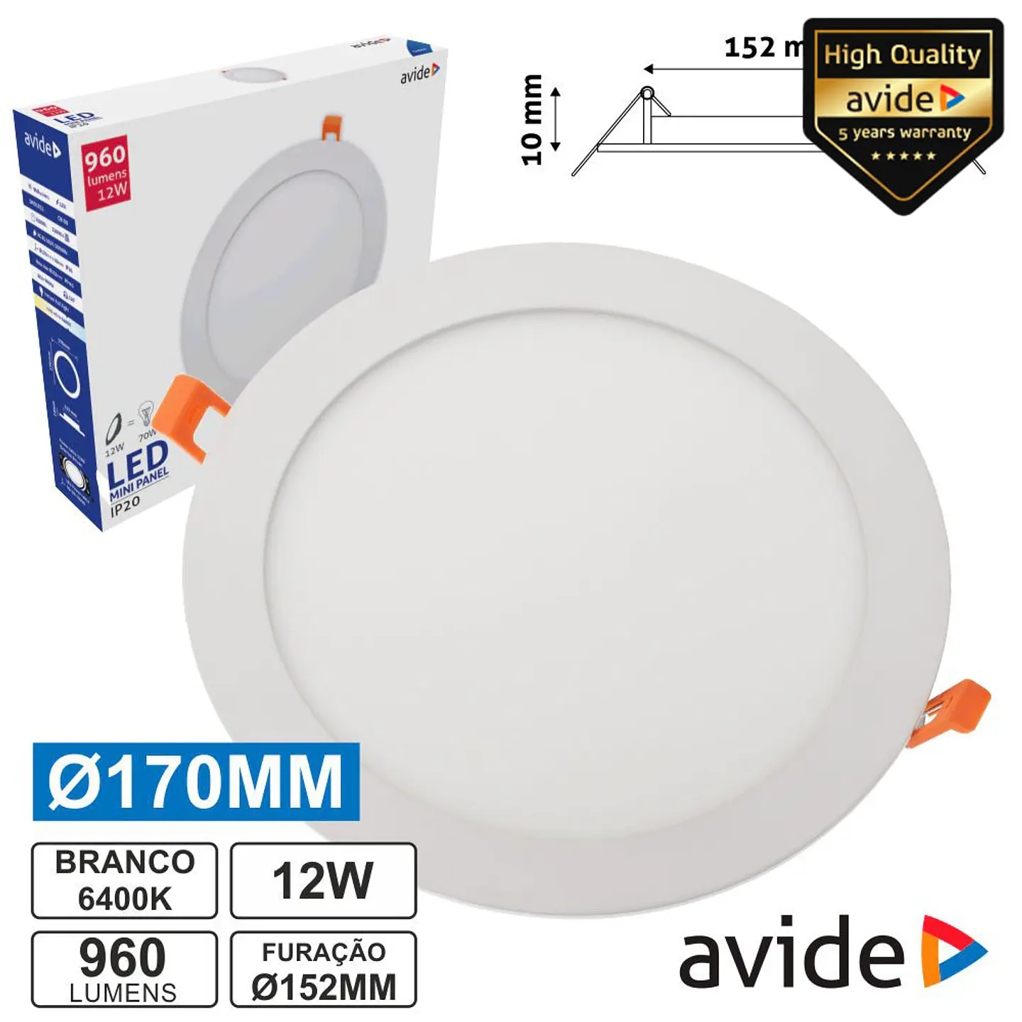 PAINEL LEDS REDONDO 12W 170MM 6400K 960LM AVIDE 1