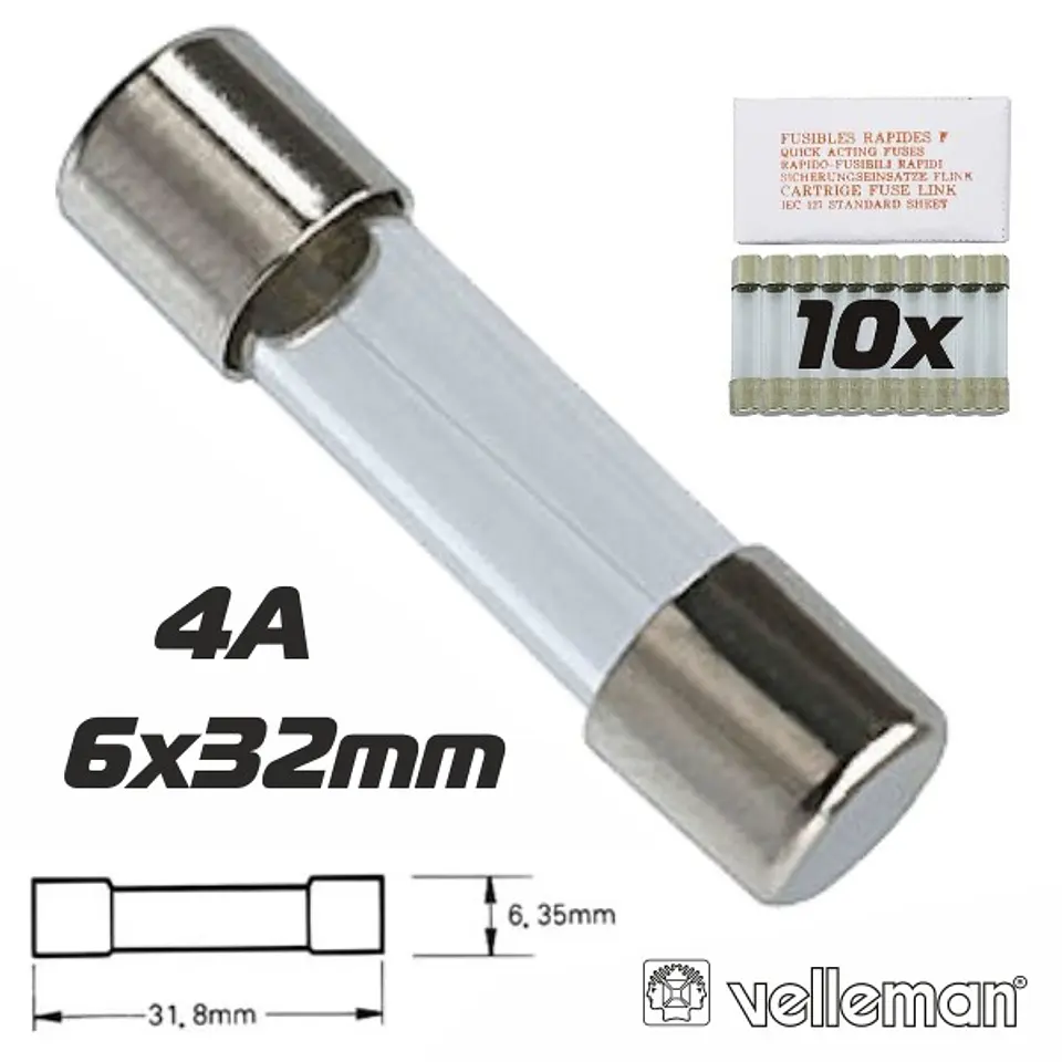 FUSÍVEL 6X32 FUSÃO LENTA 4A (10X) VELLEMAN 1
