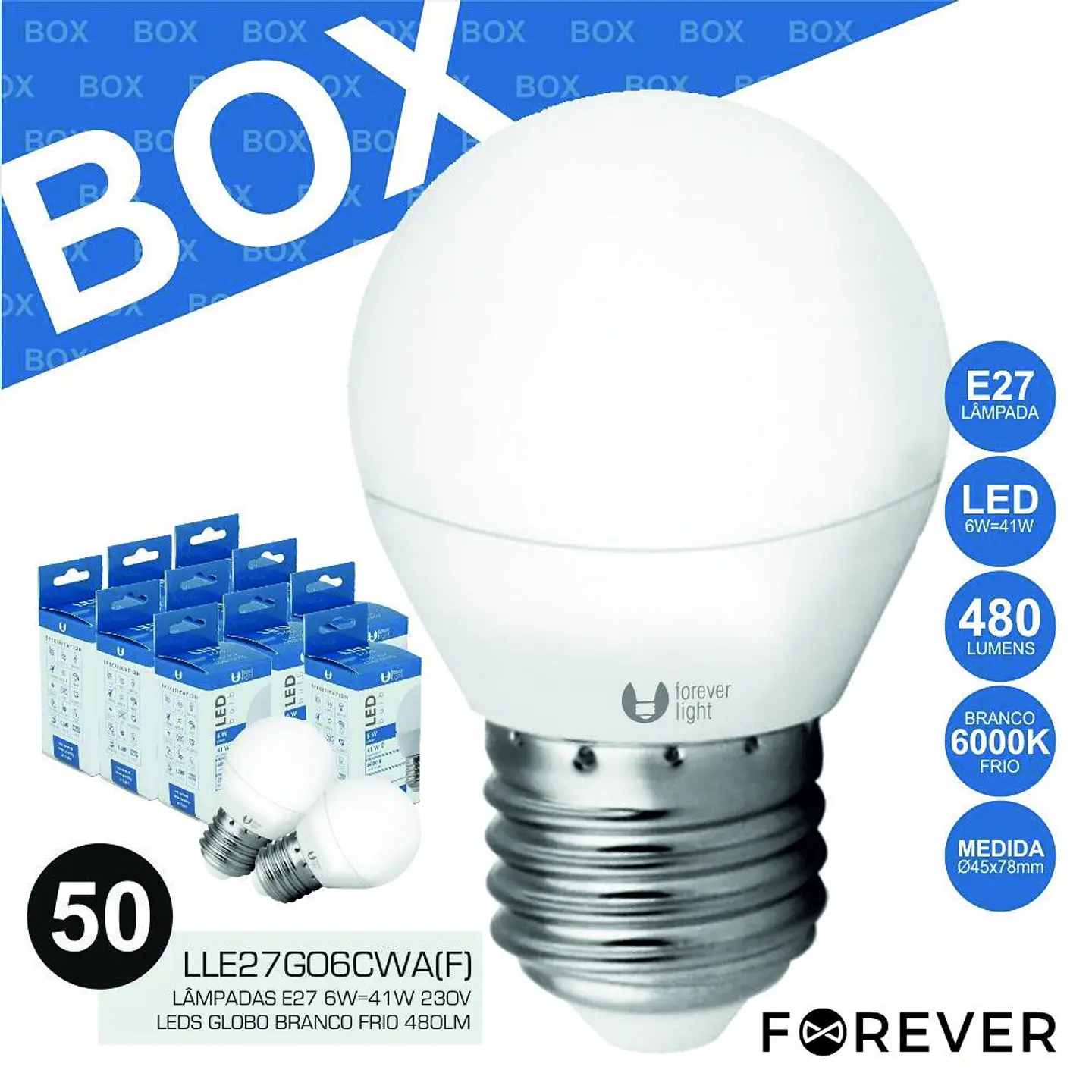 BOX 50 LÂMPADAS E27 6W=41W 230V LEDS BRANCO FRIO 480LM 1