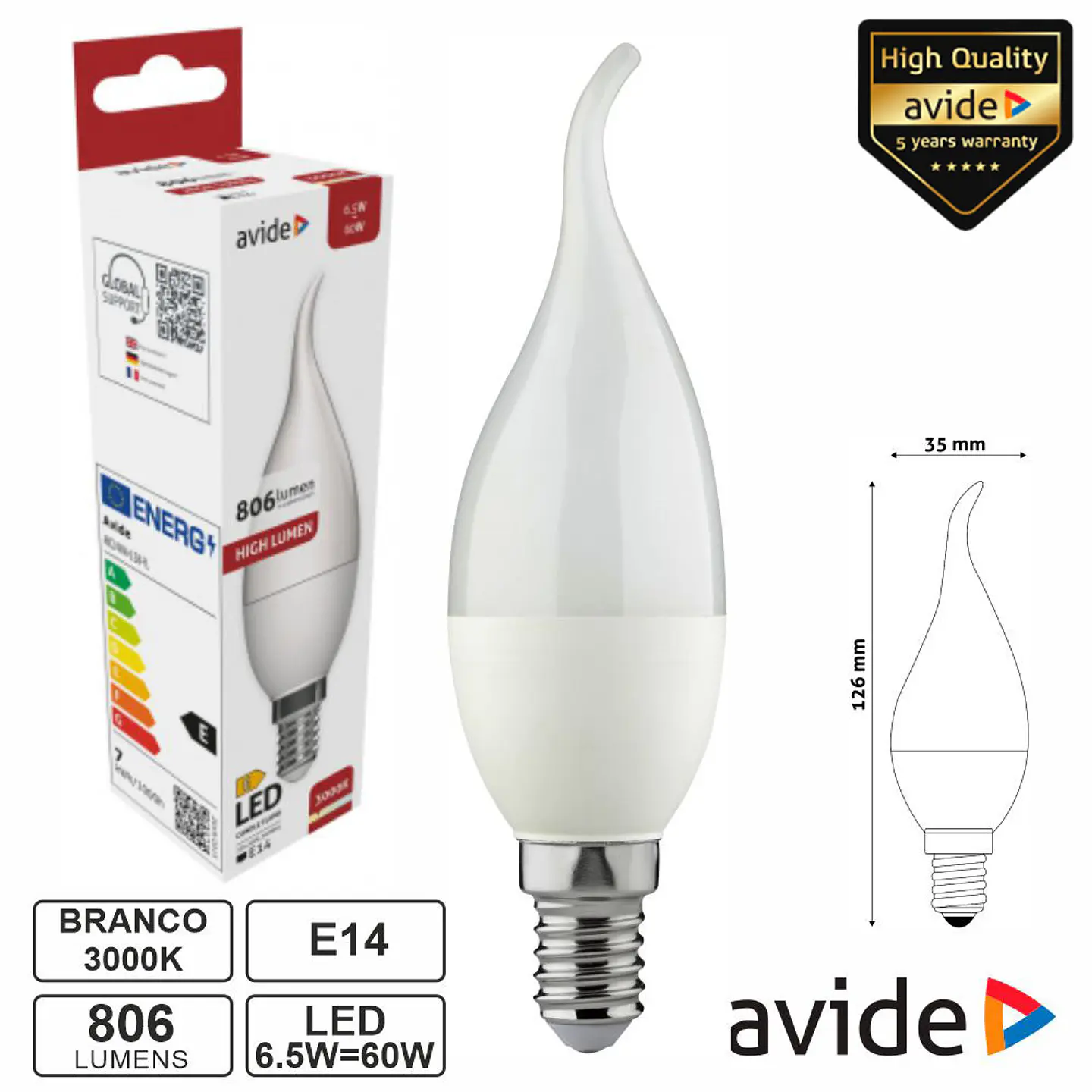 Lâmpada LED E14 Vela 6.5W 230V 3000K 806lm AVIDE 1