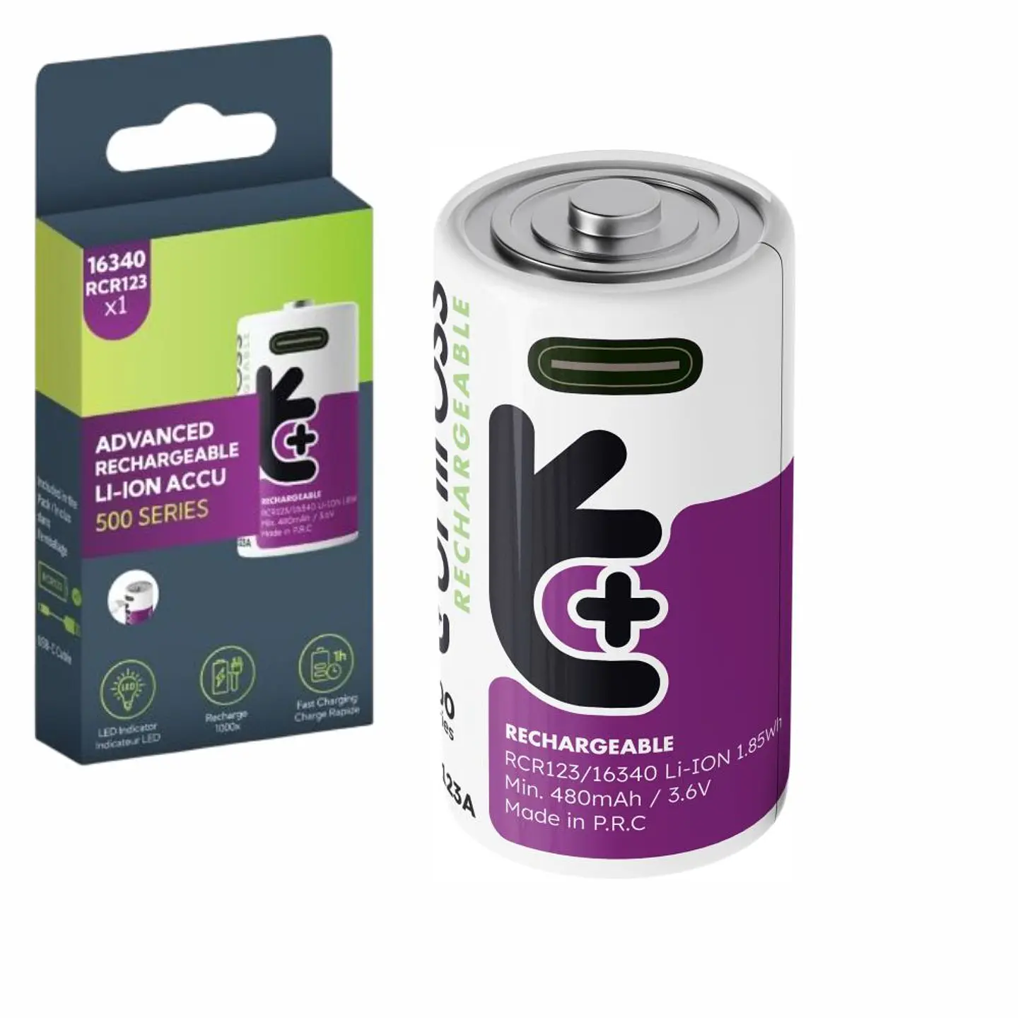Pilha Recarregável 16340/CR123A D 3.7V 500mAh C/ USB-C 1