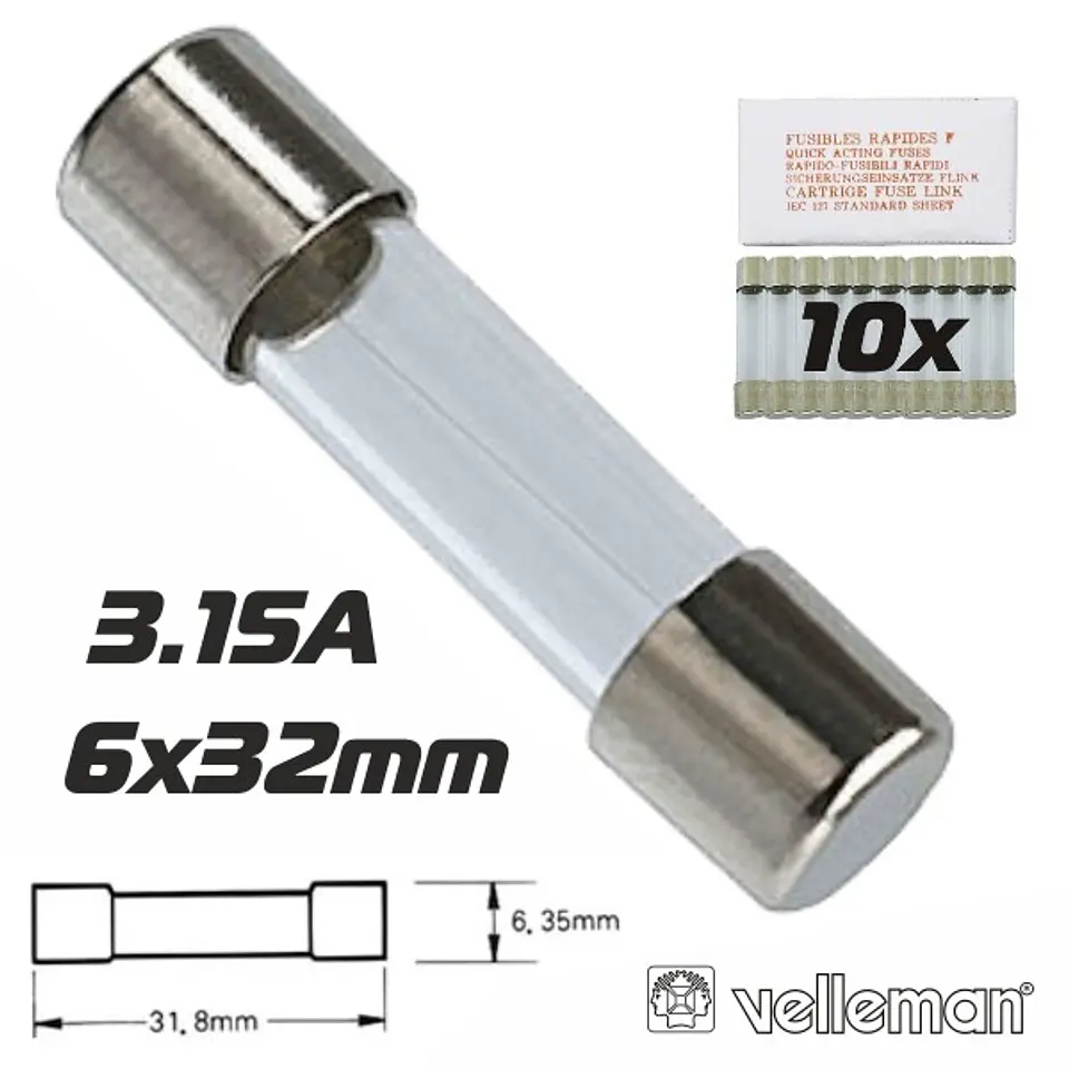 FUSÍVEL 6X32 FUSÃO LENTA 3.15A (10X) VELLEMAN 1