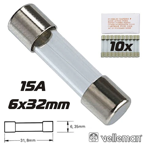 FUSÍVEL 6X32 FUSÃO LENTA 15A (10X) VELLEMAN