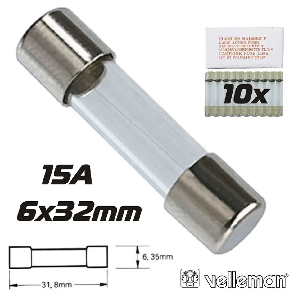 FUSÍVEL 6X32 FUSÃO LENTA 15A (10X) VELLEMAN 1