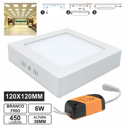PAINEL LEDS QUADRADO SUPERFICIE 6W 120MM BRANCO FRIO 450LM